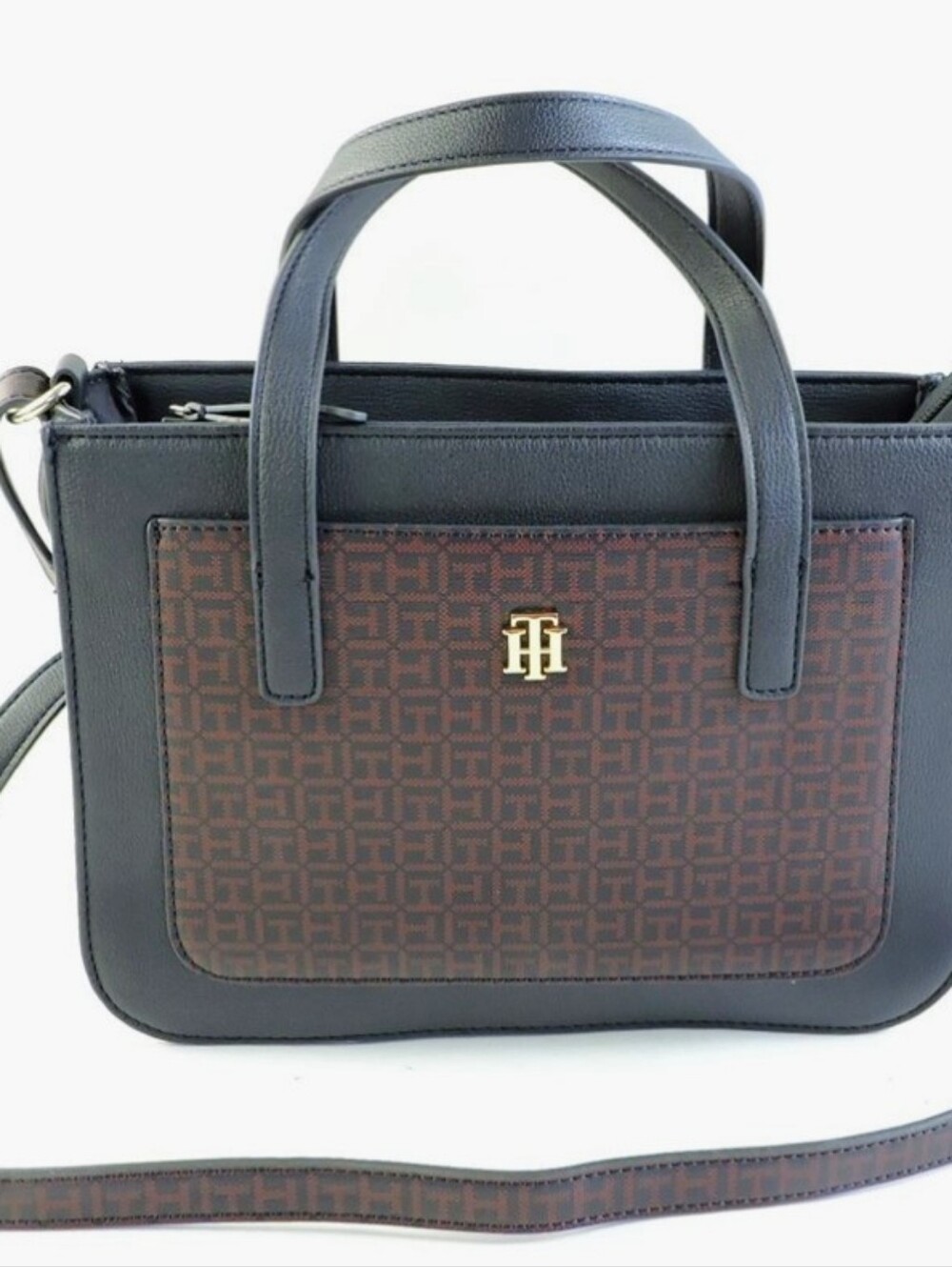 Tommy Hilfiger Black & Brown Logo Quilted Satchel with Gold Logo